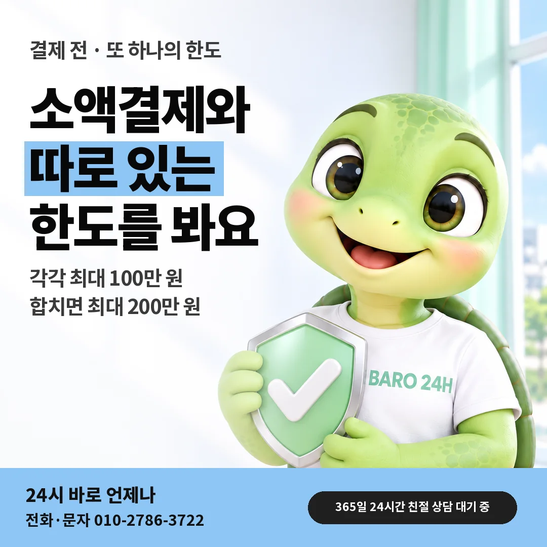 방패를 든 BARO 24H 티셔츠를 입은 3D 거북이 캐릭터 옆에 「핸드폰 콘텐츠이용료 한도」 제목을 얹은 안내 카드